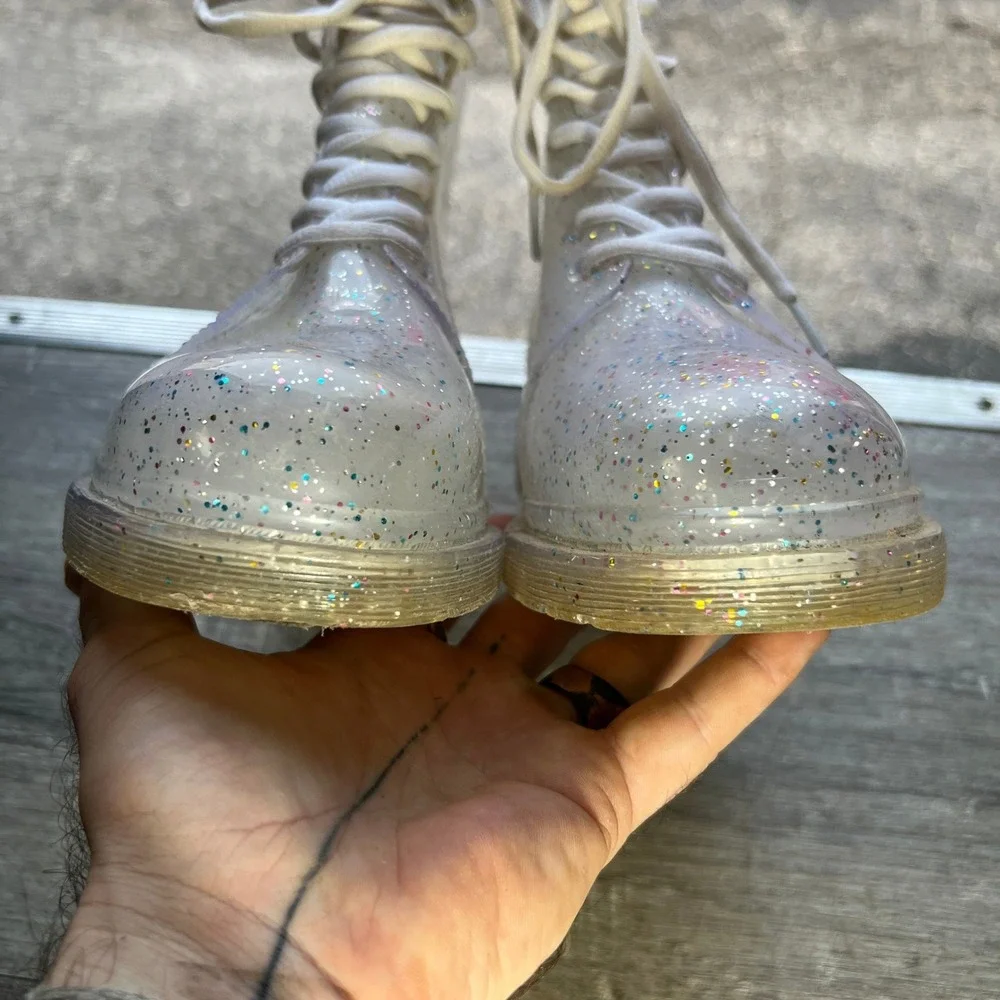 Y2K Urban Outfitters Combat Boots Clear Glitter Jelly Womens 8  Lace Up FESTIVAL